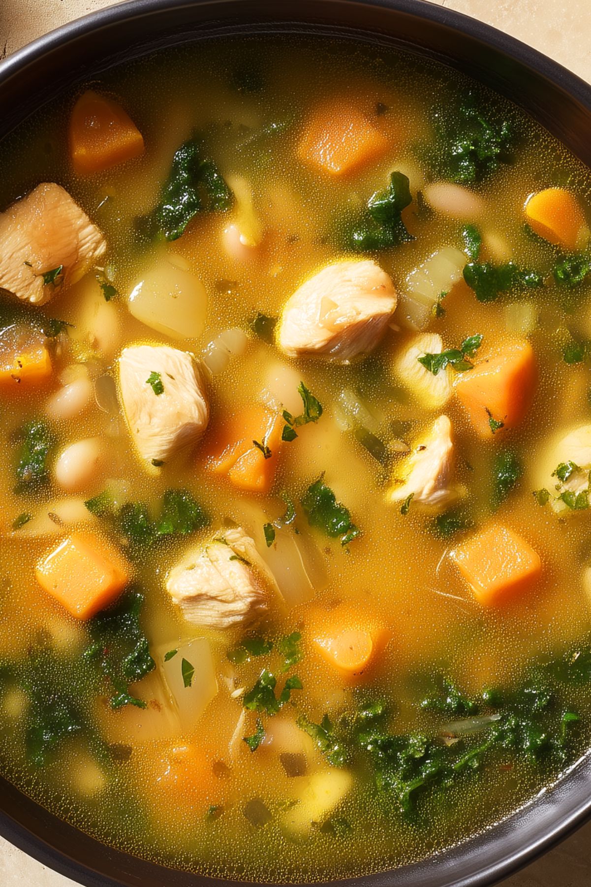 Bowl of homemade sweet potato chicken soup with tender chicken, sweet potatoes, carrots, white beans, leafy greens, and herbs in golden broth.