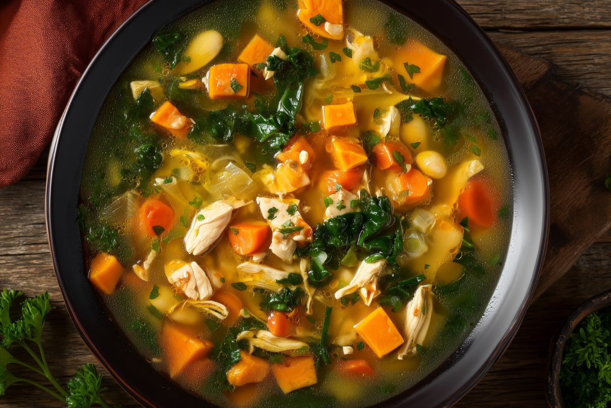 Overhead view of sweet potato chicken soup with shredded chicken, tender sweet potatoes, carrots, white beans, leafy greens, celery, and herbs in golden broth.