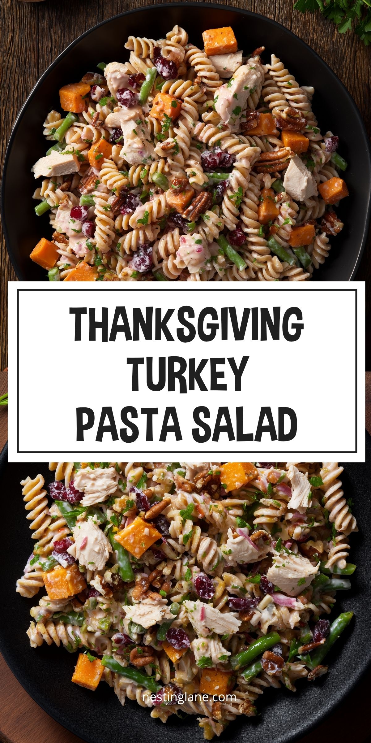 Overhead Thanksgiving turkey pasta salad with rotini, turkey, sweet potatoes, green beans, cranberries, and pecans in a creamy dressing. Text reads “Thanksgiving Turkey Pasta Salad” and “nestinglane.com.”
