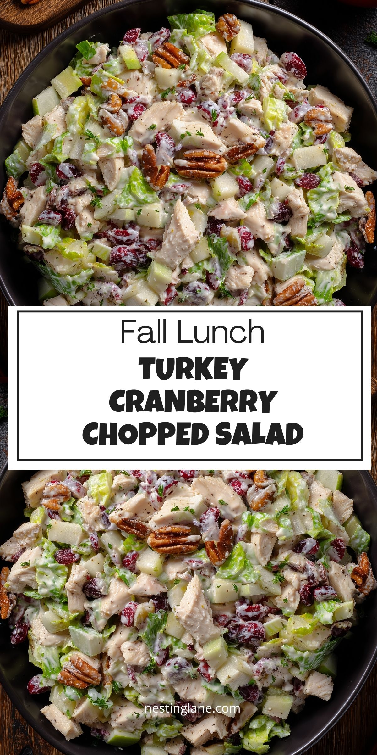 Turkey cranberry chopped salad with romaine, turkey, apples, dried cranberries, pecans, and creamy dressing. Text reads “Fall Lunch Turkey Cranberry Chopped Salad” and “nestinglane.com.”