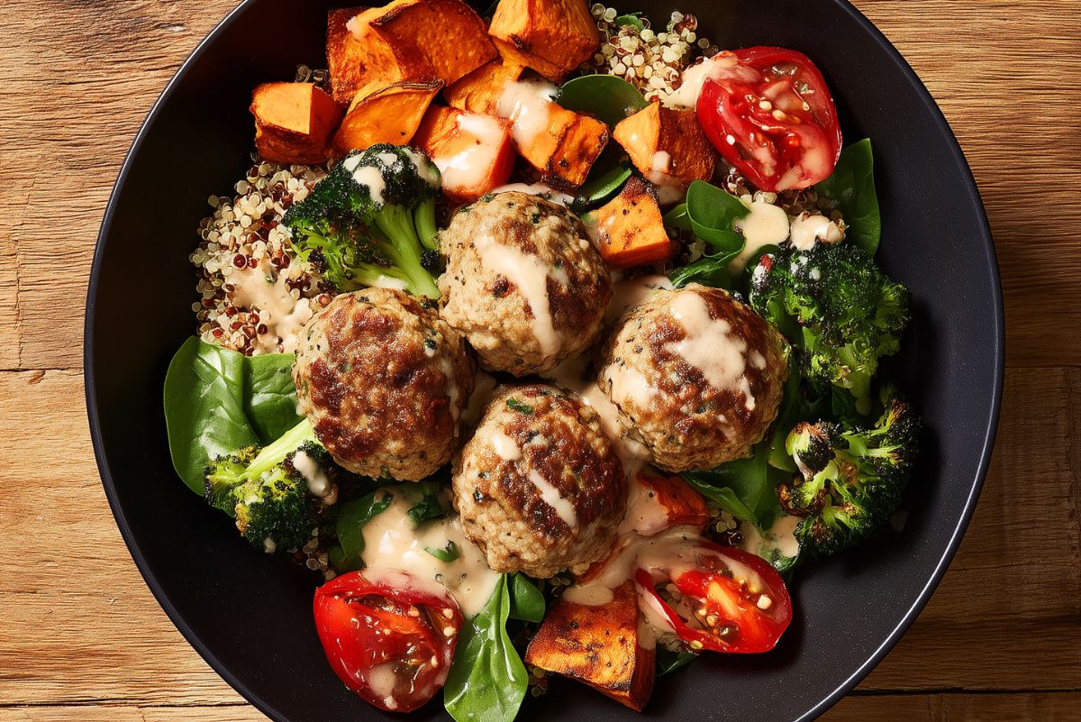 Turkey meatball sweet potato bowl with quinoa, roasted broccoli, spinach, tomatoes, and creamy dressing in a black bowl on rustic wood.