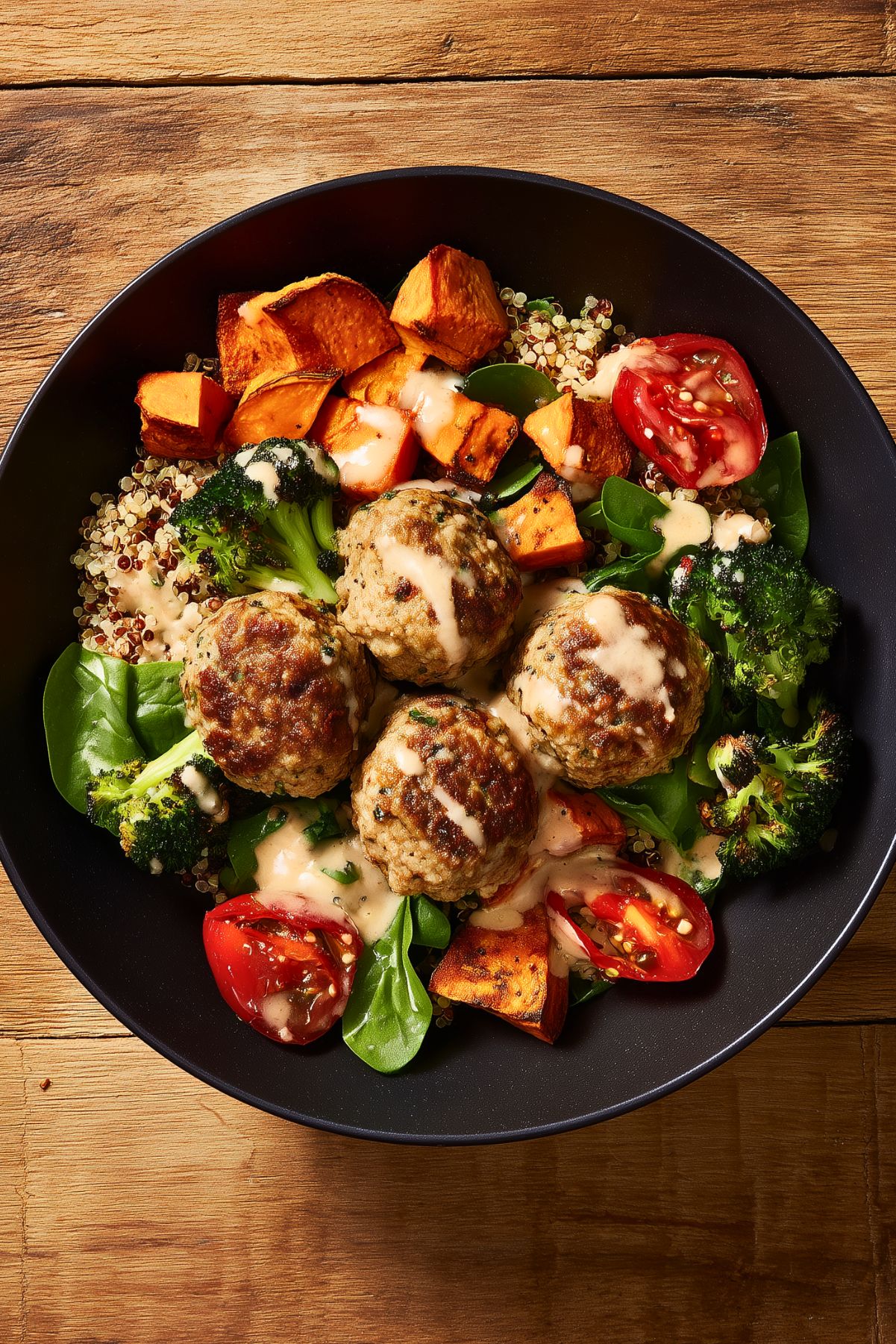 Overhead view of a turkey meatball sweet potato bowl with quinoa, roasted broccoli, spinach, tomatoes, and creamy dressing.