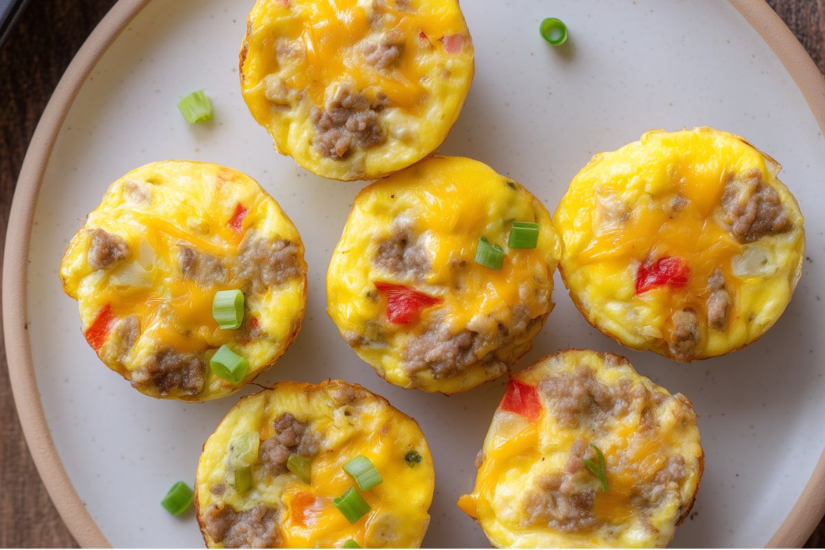 Close-up of six turkey sausage and Pepper Jack egg bites with melted cheese, red bell pepper, and green onions on a ceramic plate.