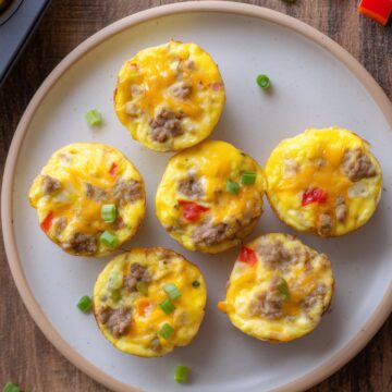 Six turkey sausage and Pepper Jack egg bites with melted cheese, red bell pepper, and green onions arranged on a plate over a rustic wood table.