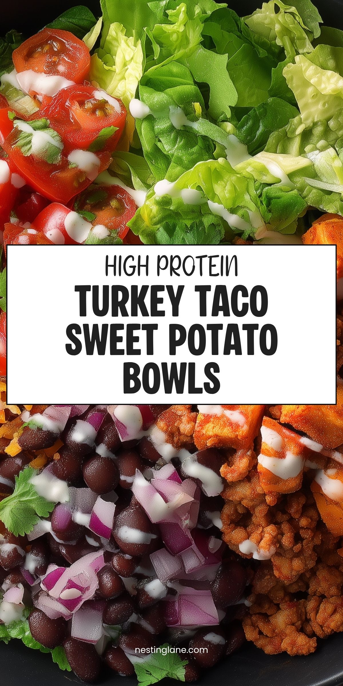 High protein Turkey Taco Sweet Potato Bowls with seasoned ground turkey, roasted sweet potatoes, black beans, red onion, tomatoes, leafy greens, cilantro, and creamy sauce. Text reads “HIGH PROTEIN TURKEY TACO SWEET POTATO BOWLS” and “nestinglane.com.”