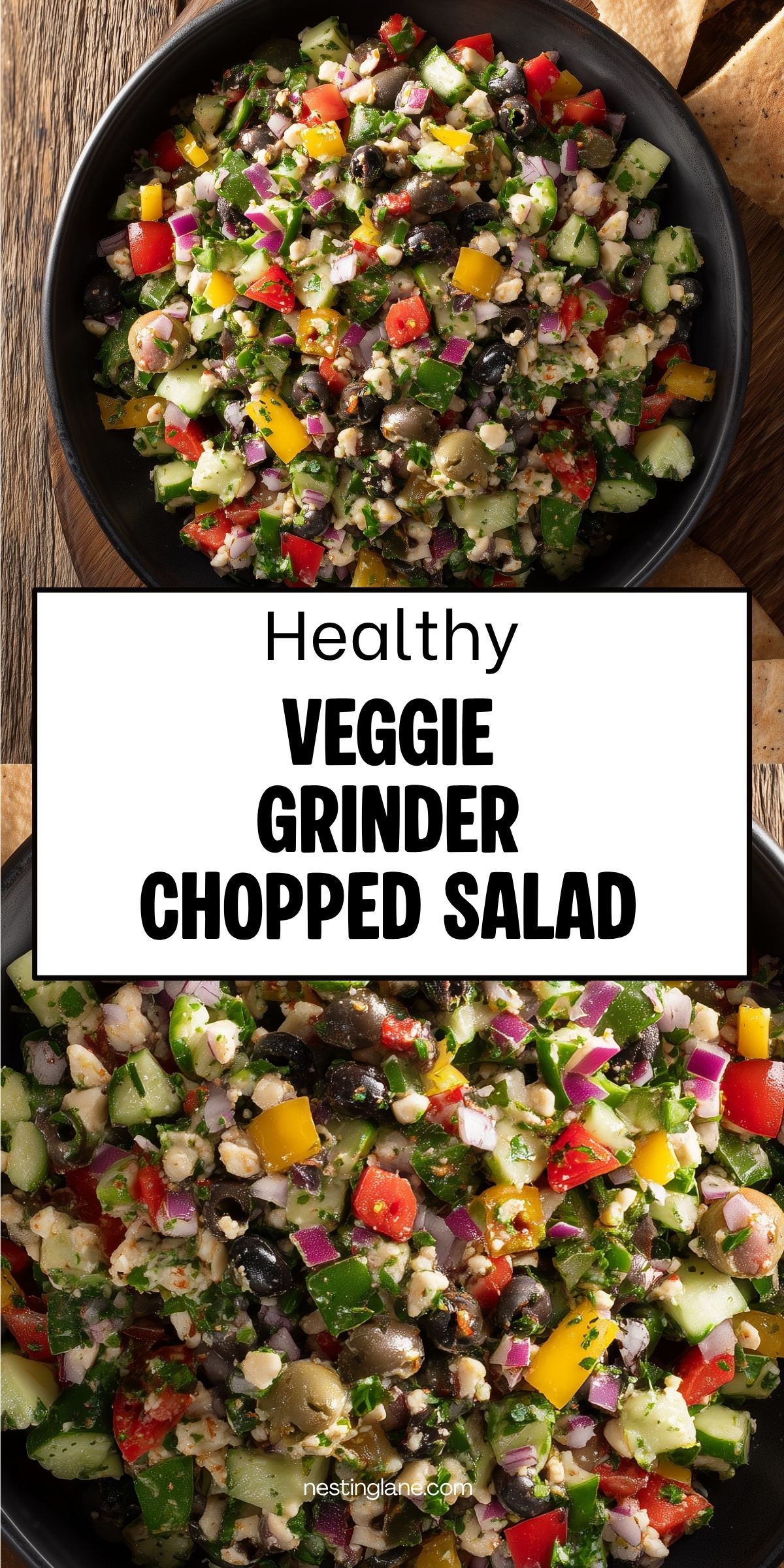 Overhead view of veggie grinder chopped salad with cucumbers, bell peppers, red onion, black and green olives, and crumbled cheese in a black bowl. Text reads “Healthy Veggie Grinder Chopped Salad” and “nestinglane.com.”