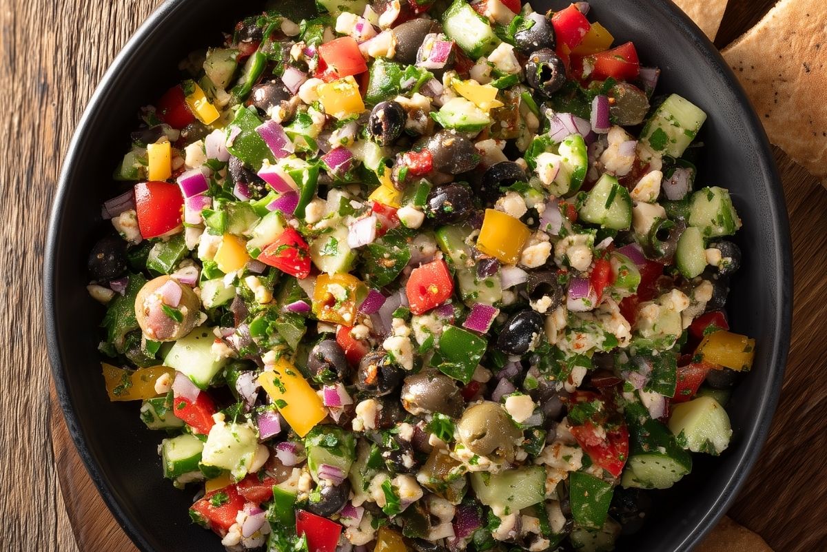 Close-up of veggie grinder chopped salad with cucumbers, red and yellow bell peppers, red onion, black and green olives, herbs, and crumbled cheese in a black bowl on rustic wood.