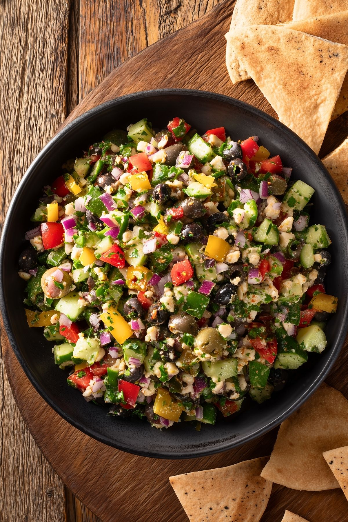 Overhead view of veggie grinder chopped salad in a black bowl with cucumbers, colorful bell peppers, red onion, olives, herbs, and crumbled cheese, surrounded by garlic pita chips on a rustic wooden table.
