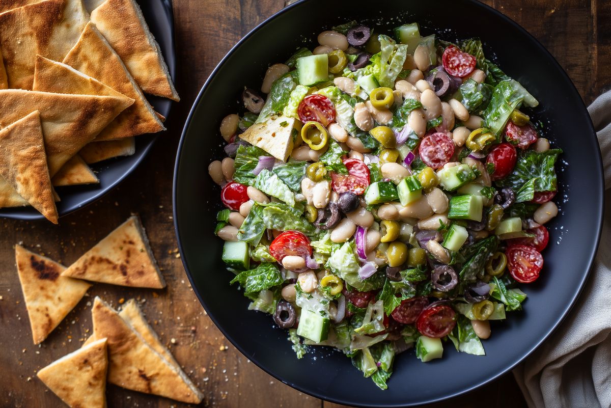 White bean grinder chopped salad with romaine lettuce, cucumber, cherry tomatoes, green and black olives, red onion, and white beans in a black bowl, served with crispy garlic pita chips on a rustic wooden table.