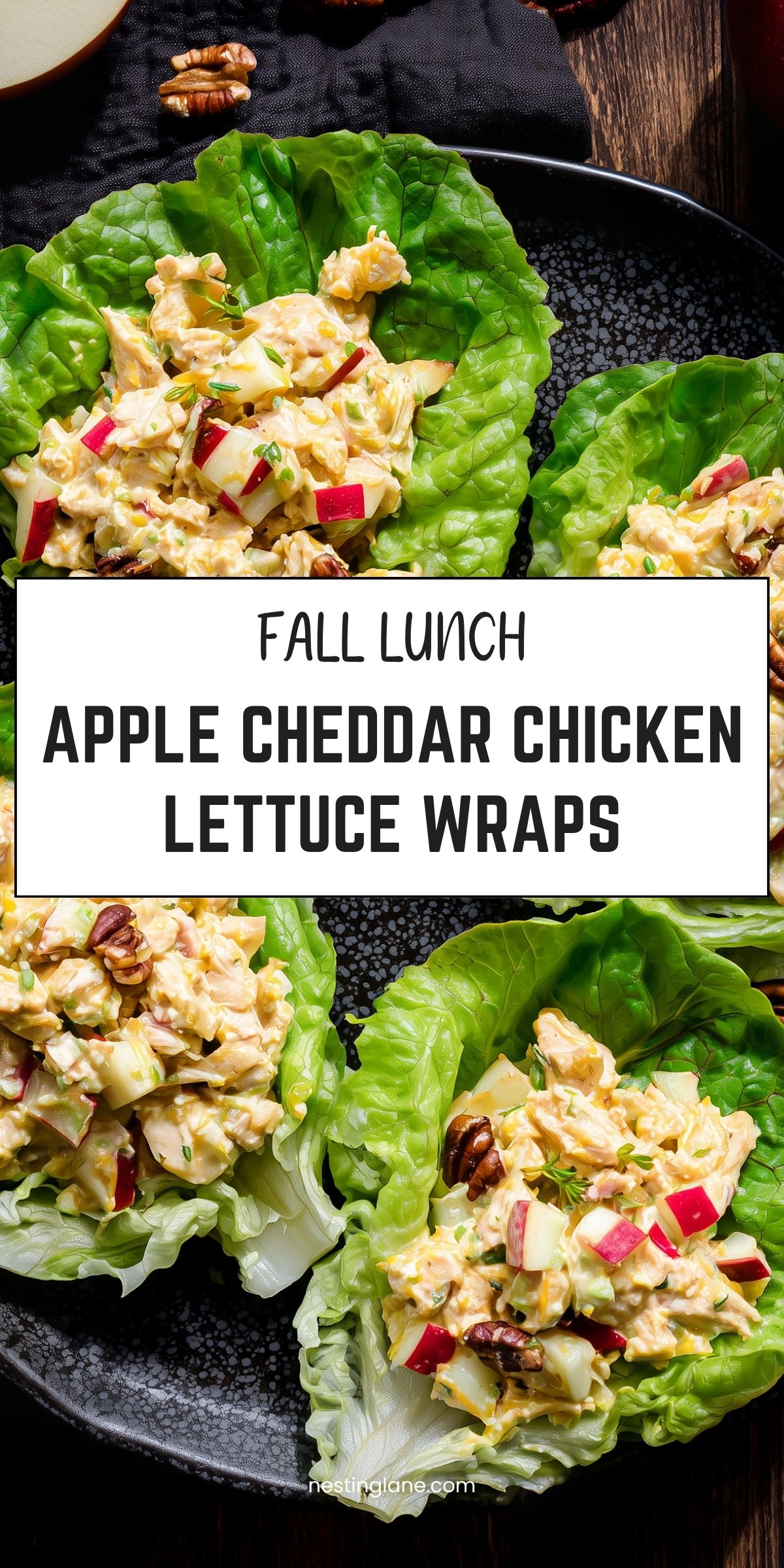 Apple cheddar chicken lettuce wraps filled with creamy chicken salad, diced red apple, cheddar cheese, celery, and pecans. Text reads: “Fall Lunch Apple Cheddar Chicken Lettuce Wraps” and “nestinglane.com.”