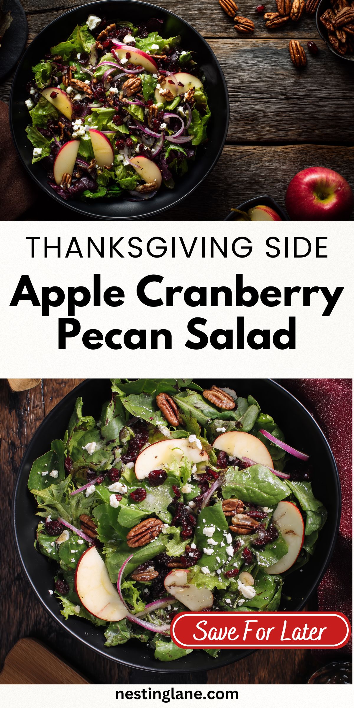 Apple Cranberry Pecan Salad with mixed greens, sliced apples, dried cranberries, pecans, feta cheese, and red onion. Text reads “THANKSGIVING SIDE Apple Cranberry Pecan Salad,” “Save For Later,” and “nestinglane.com.”