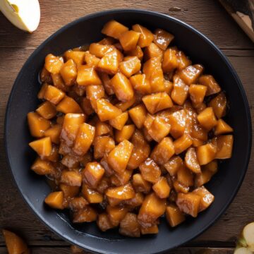 Overhead view of homemade apple pie filling with tender diced apples coated in a glossy cinnamon sauce in a black bowl, surrounded by sliced apples on a rustic wood table.