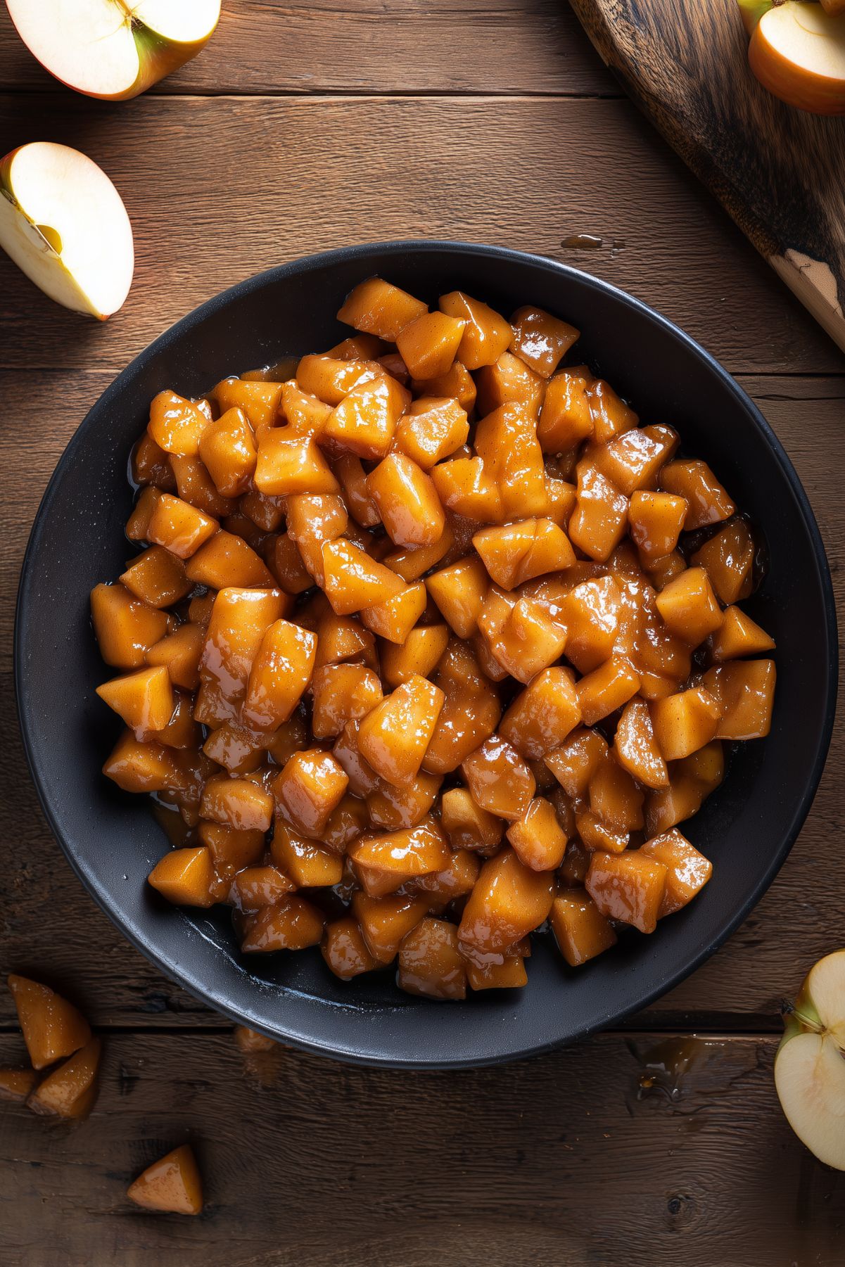 Overhead view of homemade apple pie filling with tender diced apples coated in a glossy cinnamon sauce in a black bowl, surrounded by sliced apples on a rustic wood table.
