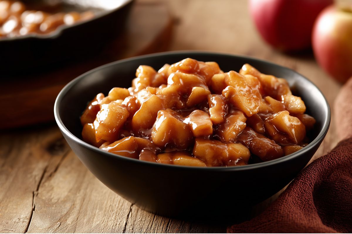 Homemade apple pie filling with tender diced apples coated in a glossy cinnamon sauce, served in a black bowl on a rustic wood table with fresh apples in the background.