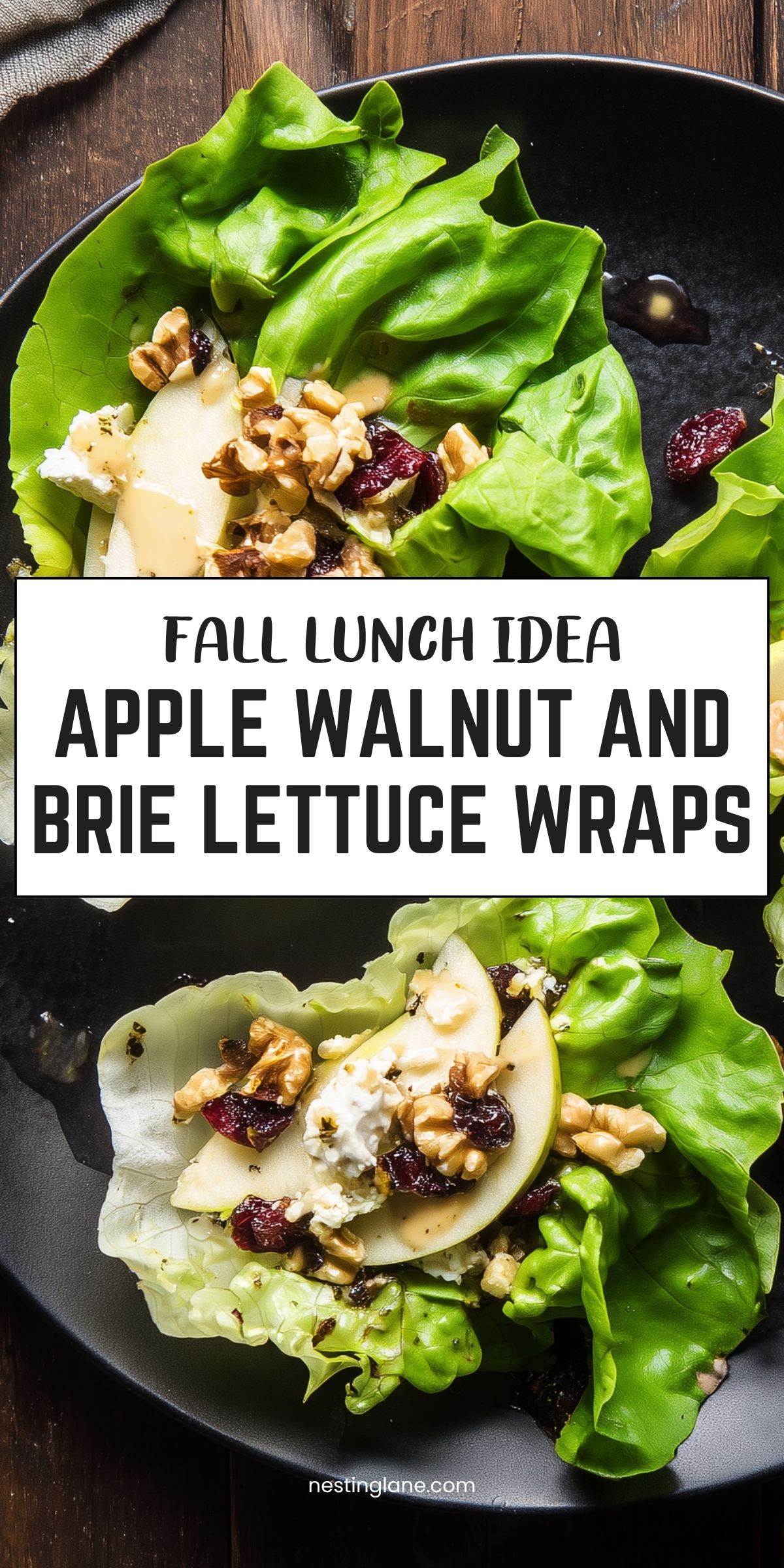Apple walnut and brie lettuce wraps topped with sliced apples, walnuts, dried cranberries, creamy brie, and honey Dijon dressing. Text reads: “Fall Lunch Idea Apple Walnut and Brie Lettuce Wraps” and “nestinglane.com.”