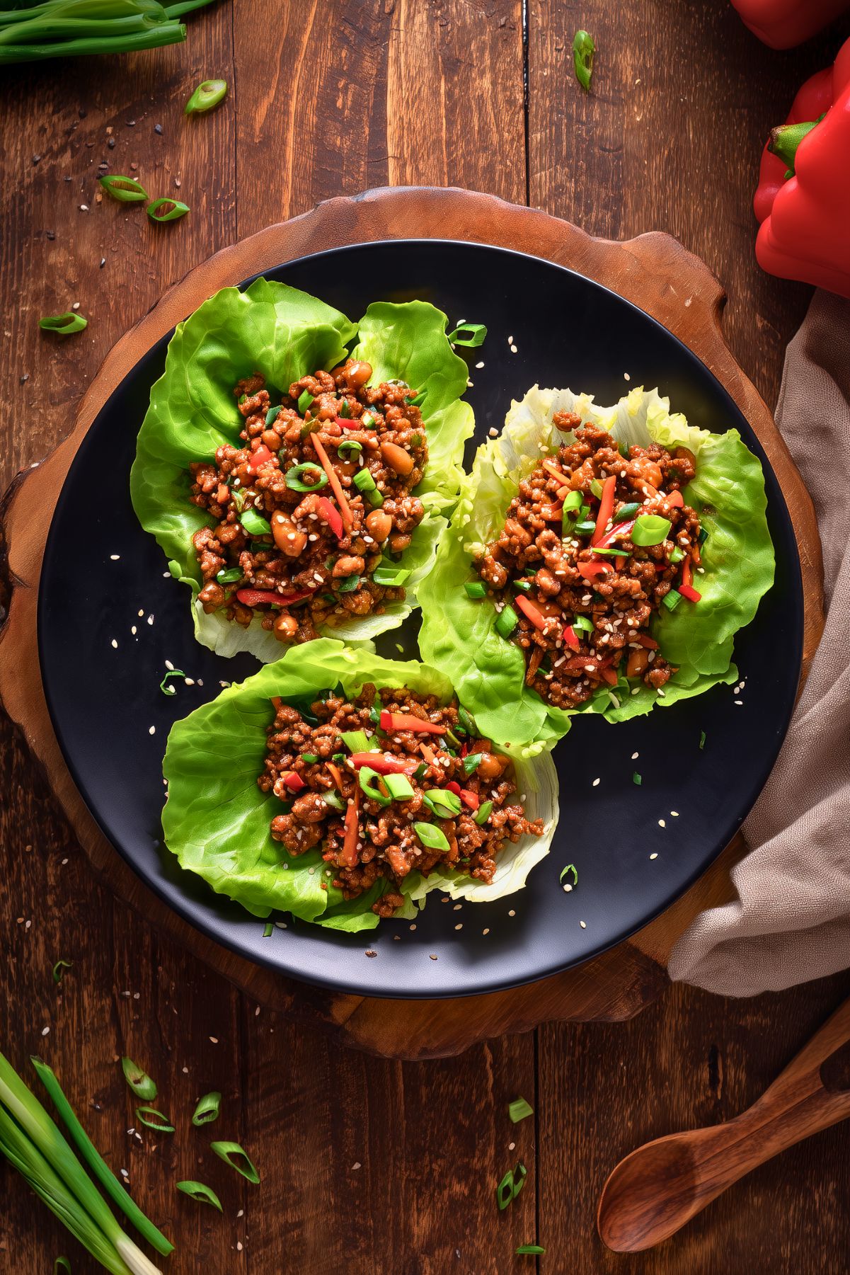 Overhead view of three Asian Ground Beef Lettuce Wraps filled with savory beef, carrots, red pepper, green onions, and sesame seeds on a black plate over a rustic wood table.