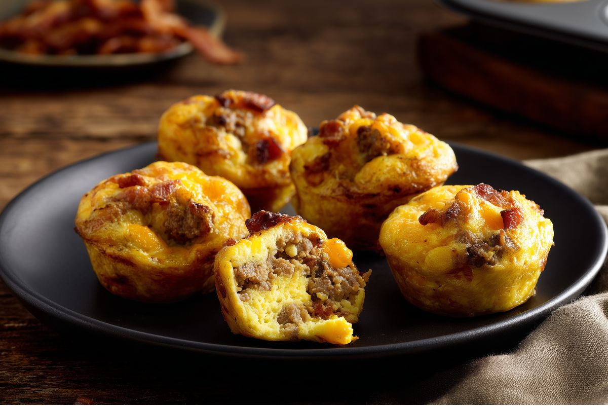 Bacon cheeseburger egg bites with ground beef, bacon, and cheddar on a black plate over a rustic wooden table, with one egg bite cut open to show the filling.