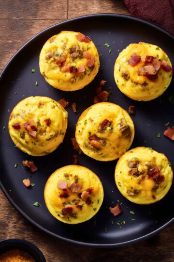 Overhead view of bacon cheeseburger egg bites topped with crumbled beef, bacon, cheddar, and herbs on a black plate over a rustic wooden table.