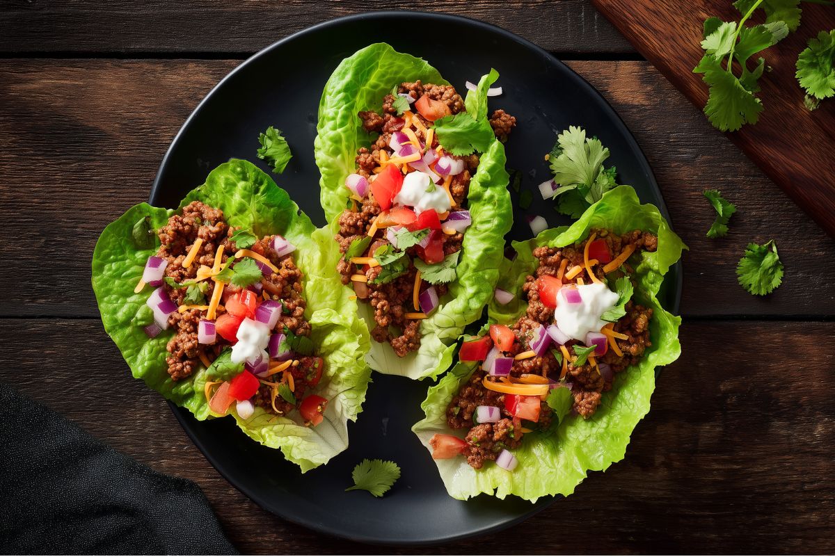 Three beef taco lettuce wraps filled with seasoned ground beef, tomatoes, red onion, shredded cheese, cilantro, and Greek yogurt on a black plate over a dark rustic wood table.