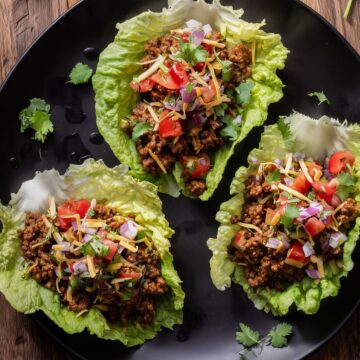 Three beef taco lettuce wraps with seasoned ground beef, diced tomatoes, red onion, shredded cheese, and cilantro arranged on a black plate over a rustic wood table.