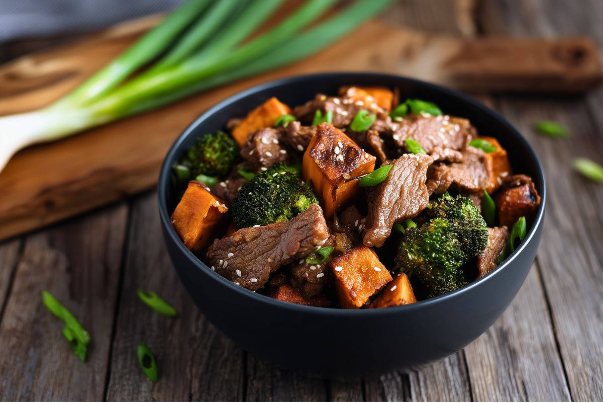 High protein beef and broccoli sweet potato bowl with roasted sweet potatoes, tender beef strips, broccoli, sesame seeds, and green onions in a black bowl on a rustic wood table.