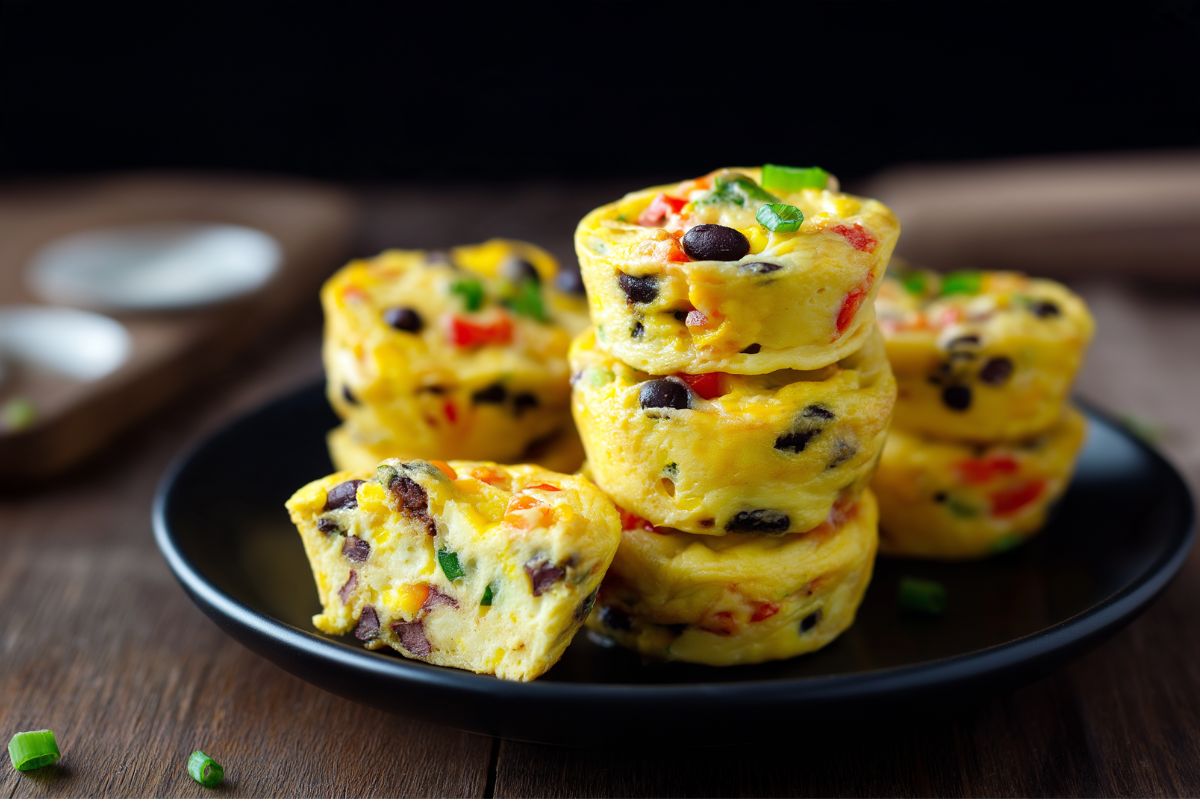 High protein black bean and corn egg bites stacked on a black plate, with black beans, corn, red bell pepper, green onion, and cheese visible. One egg bite is cut open to show the soft, fluffy center.