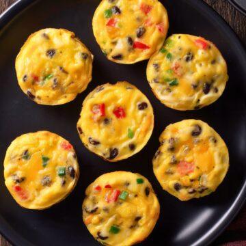 Overhead view of seven black bean and corn egg bites with red bell pepper, green onion, and melted cheese arranged on a black plate over a rustic wood table.