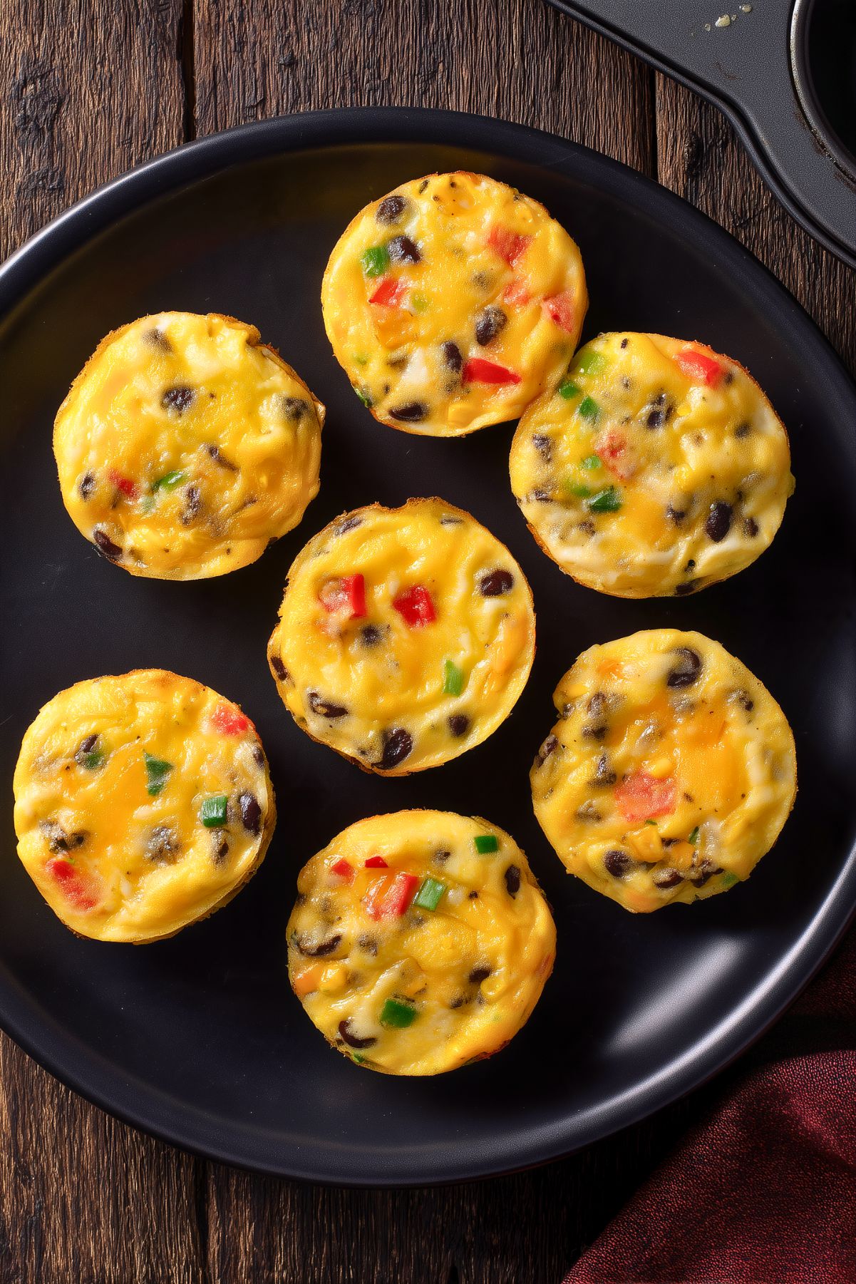Overhead view of seven black bean and corn egg bites with red bell pepper, green onion, and melted cheese arranged on a black plate over a rustic wood table.