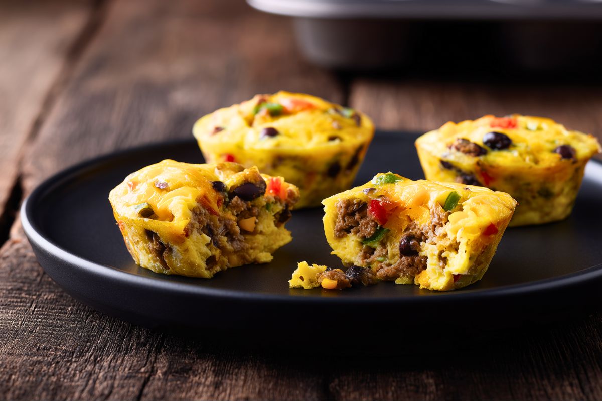 Breakfast Burrito Egg Bites with sausage, black beans, red and green peppers, and melted cheese on a black plate over a rustic wood table. Two egg bites are cut open to show the hearty filling.