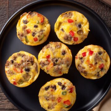 Overhead view of six Breakfast Burrito Egg Bites with sausage, black beans, peppers, green chiles, and melted cheese arranged on a black plate over a dark rustic wood table.