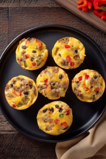 Overhead view of six Breakfast Burrito Egg Bites with sausage, black beans, peppers, green chiles, and melted cheese arranged on a black plate over a dark rustic wood table.