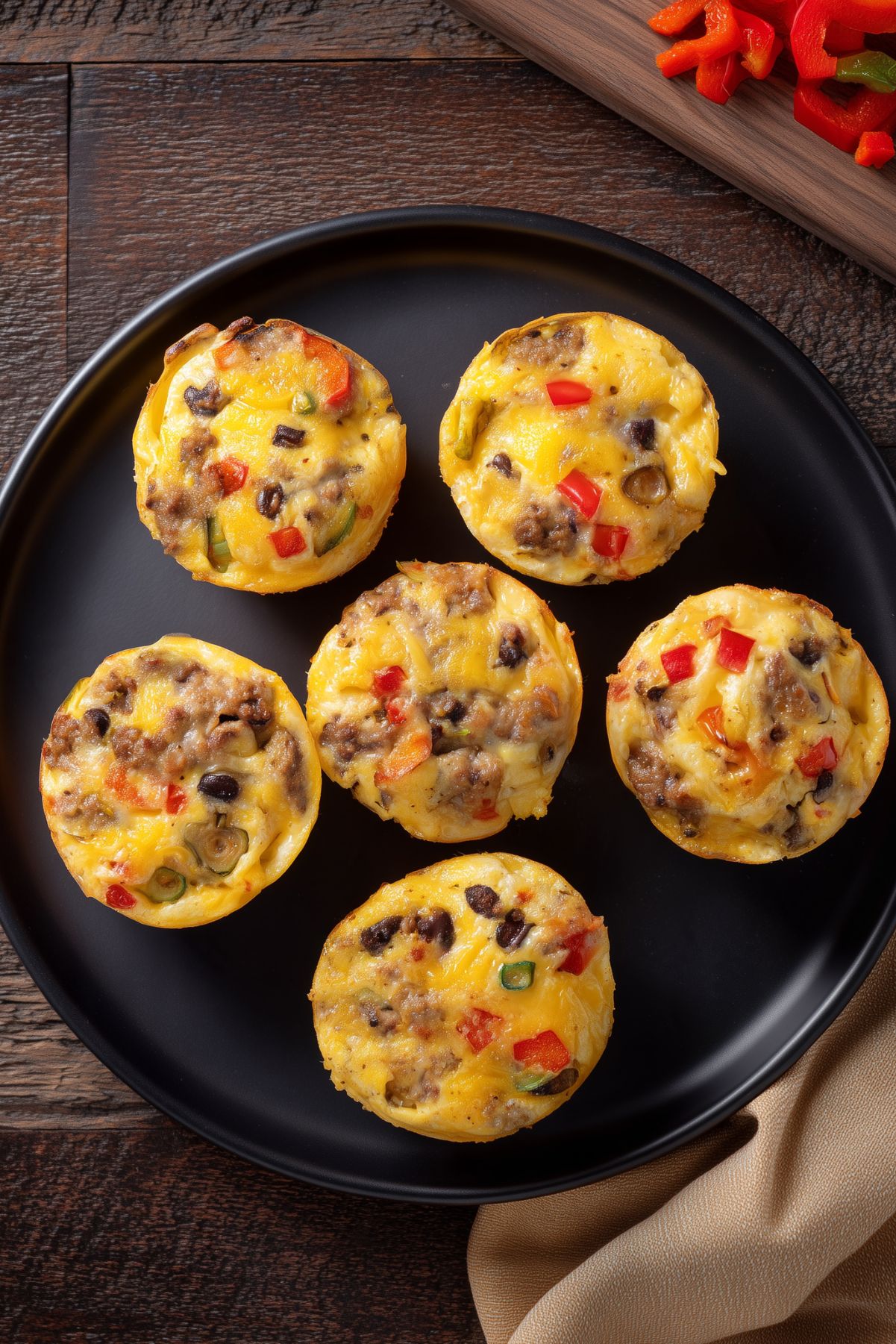 Overhead view of six Breakfast Burrito Egg Bites with sausage, black beans, peppers, green chiles, and melted cheese arranged on a black plate over a dark rustic wood table.