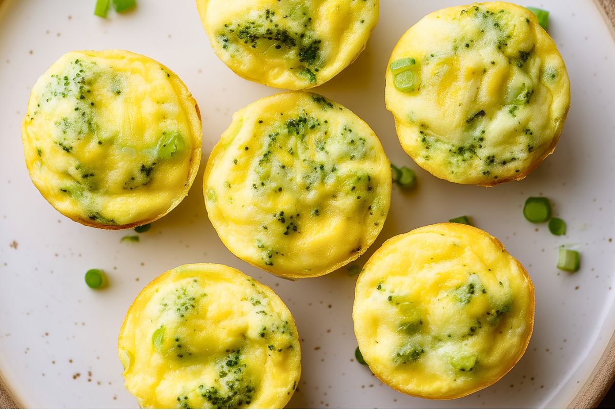 Close-up of six broccoli cheddar egg bites with melted cheddar, chopped broccoli, and green onion on a white plate.