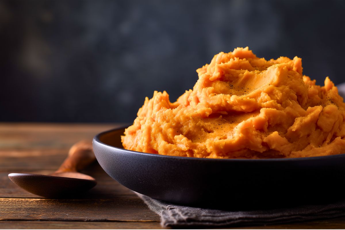 Creamy brown butter mashed sweet potatoes piled in a black bowl on a rustic wooden table with a dark background and wooden spoon.