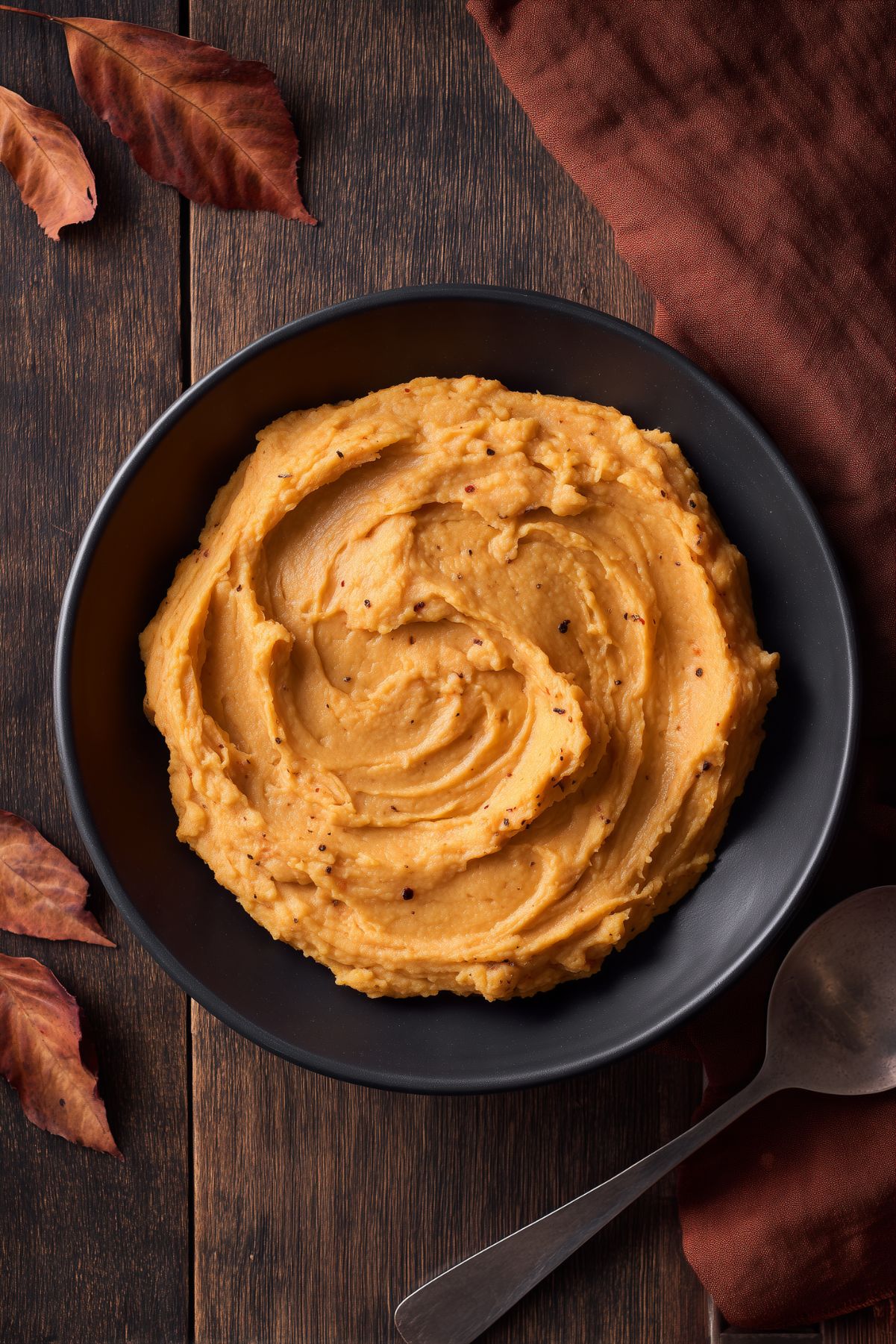Overhead view of brown butter mashed sweet potatoes in a black bowl on a dark rustic wood table, accented with autumn leaves, a brown napkin, and a serving spoon.