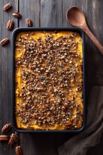 Overhead view of butternut squash casserole in a black baking dish, topped with chopped pecans, breadcrumbs, and herbs on a dark rustic wood table.
