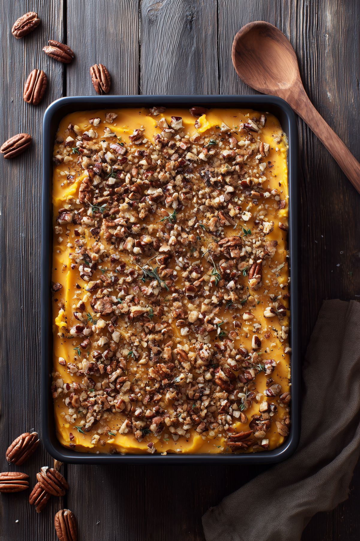 Overhead view of butternut squash casserole in a black baking dish, topped with chopped pecans, breadcrumbs, and herbs on a dark rustic wood table.