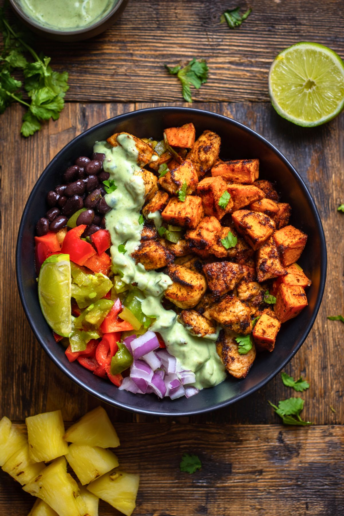 Overhead view of a Caribbean chicken sweet potato bowl with seasoned chicken, roasted sweet potatoes, black beans, red and green peppers, red onion, and creamy green sauce in a black bowl on dark rustic wood.