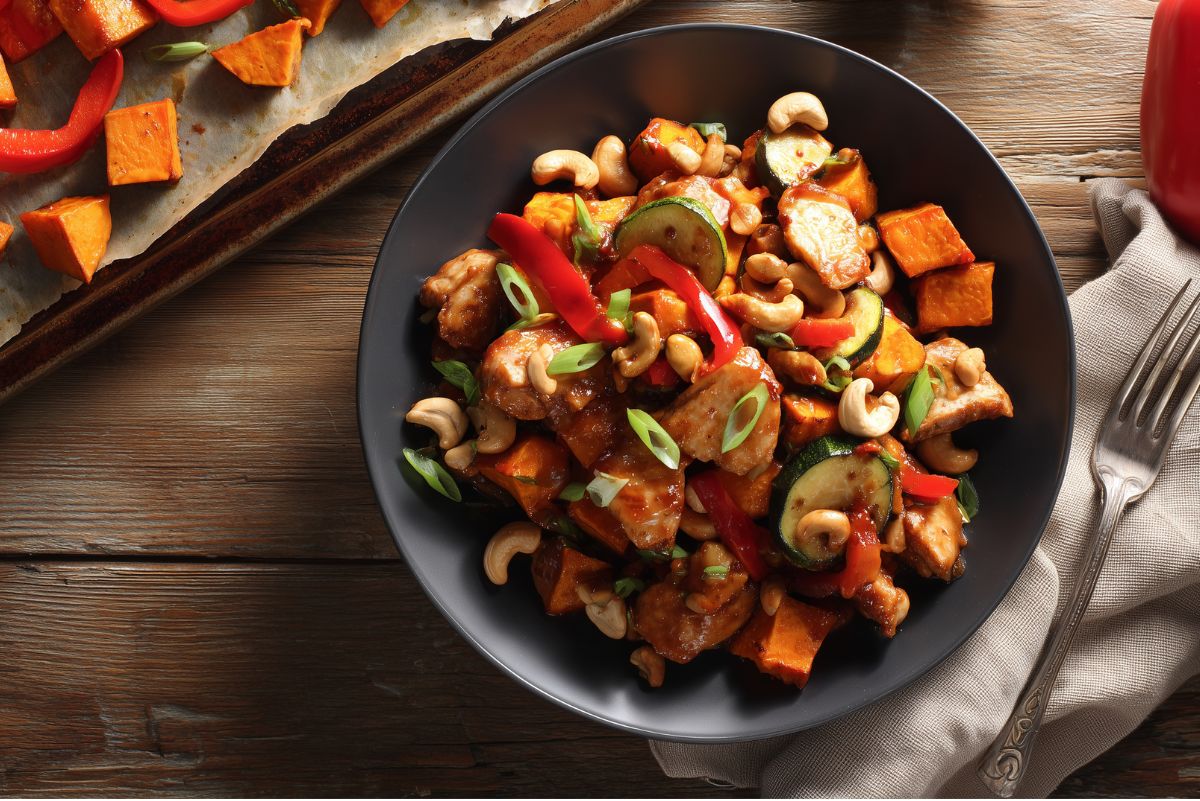 Cashew chicken sweet potato bowl in a black bowl with roasted sweet potatoes, zucchini, red bell pepper, cashews, and green onions, served on a rustic wood table beside a baking sheet.