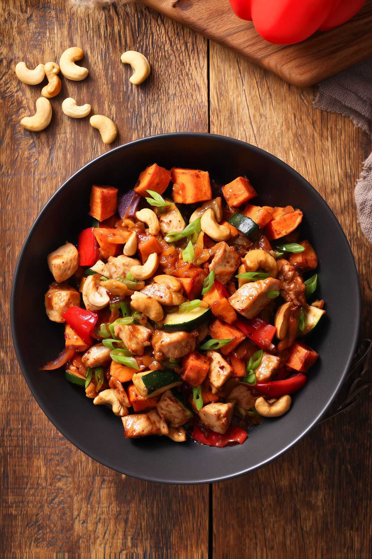 Overhead view of a cashew chicken sweet potato bowl with glazed chicken, roasted sweet potatoes, zucchini, red bell pepper, cashews, and sliced green onions in a black bowl on a rustic wood table.