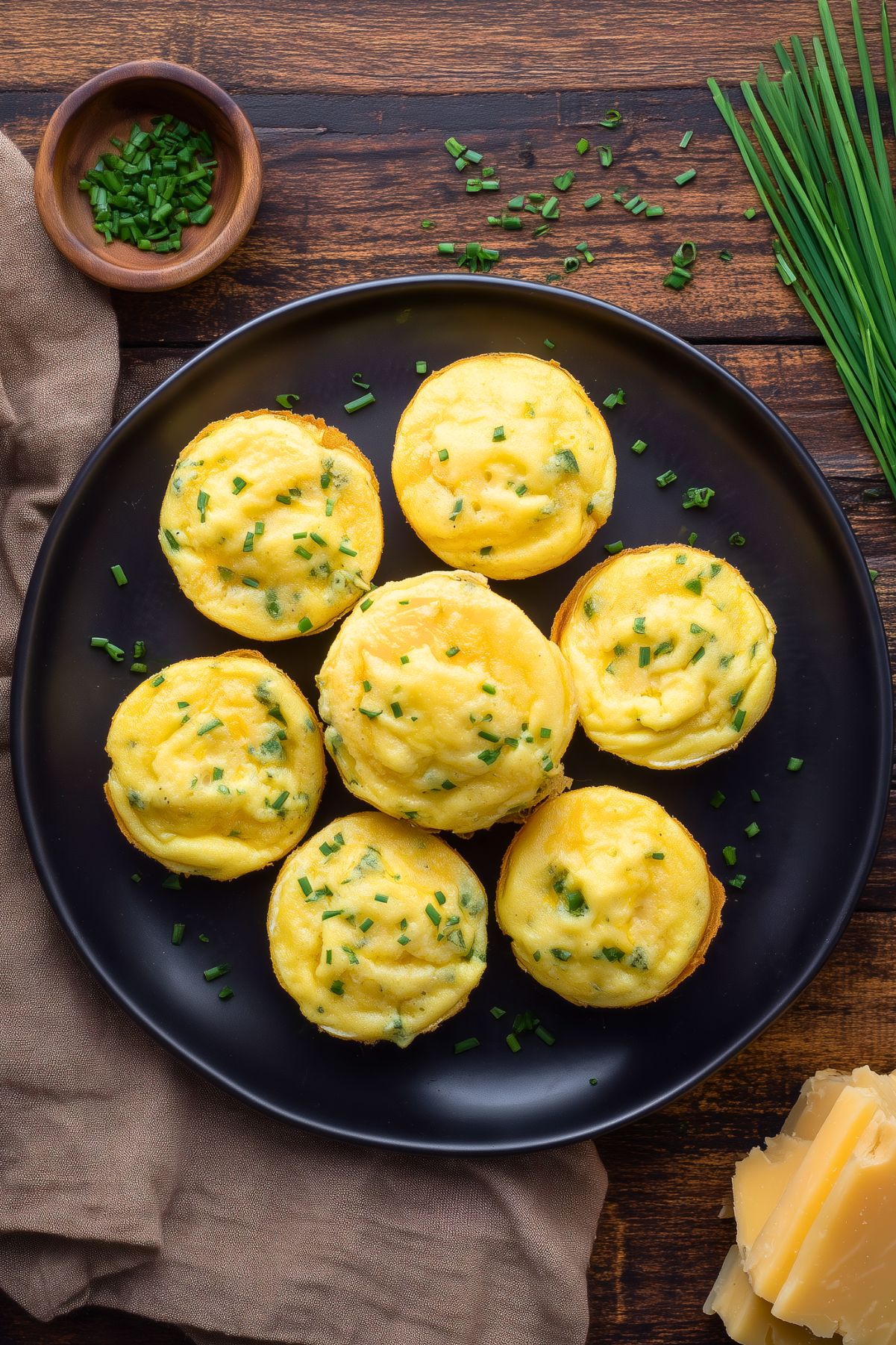 Overhead view of golden cheddar and chive egg bites on a black plate with fresh chives and sliced cheddar cheese on a rustic wood table.