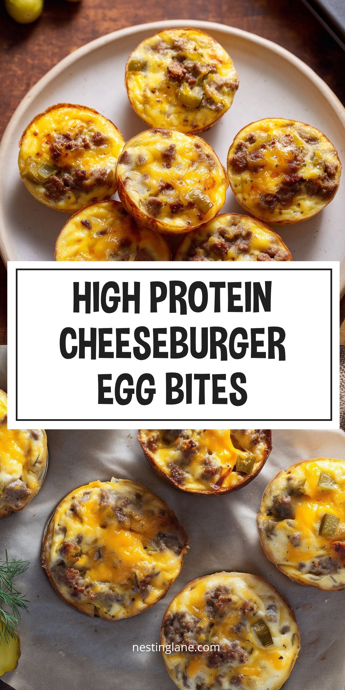 High protein cheeseburger egg bites with ground beef, cheddar cheese, chopped dill pickles, eggs, and cottage cheese. Text reads: “HIGH PROTEIN CHEESEBURGER EGG BITES” and “nestinglane.com.”