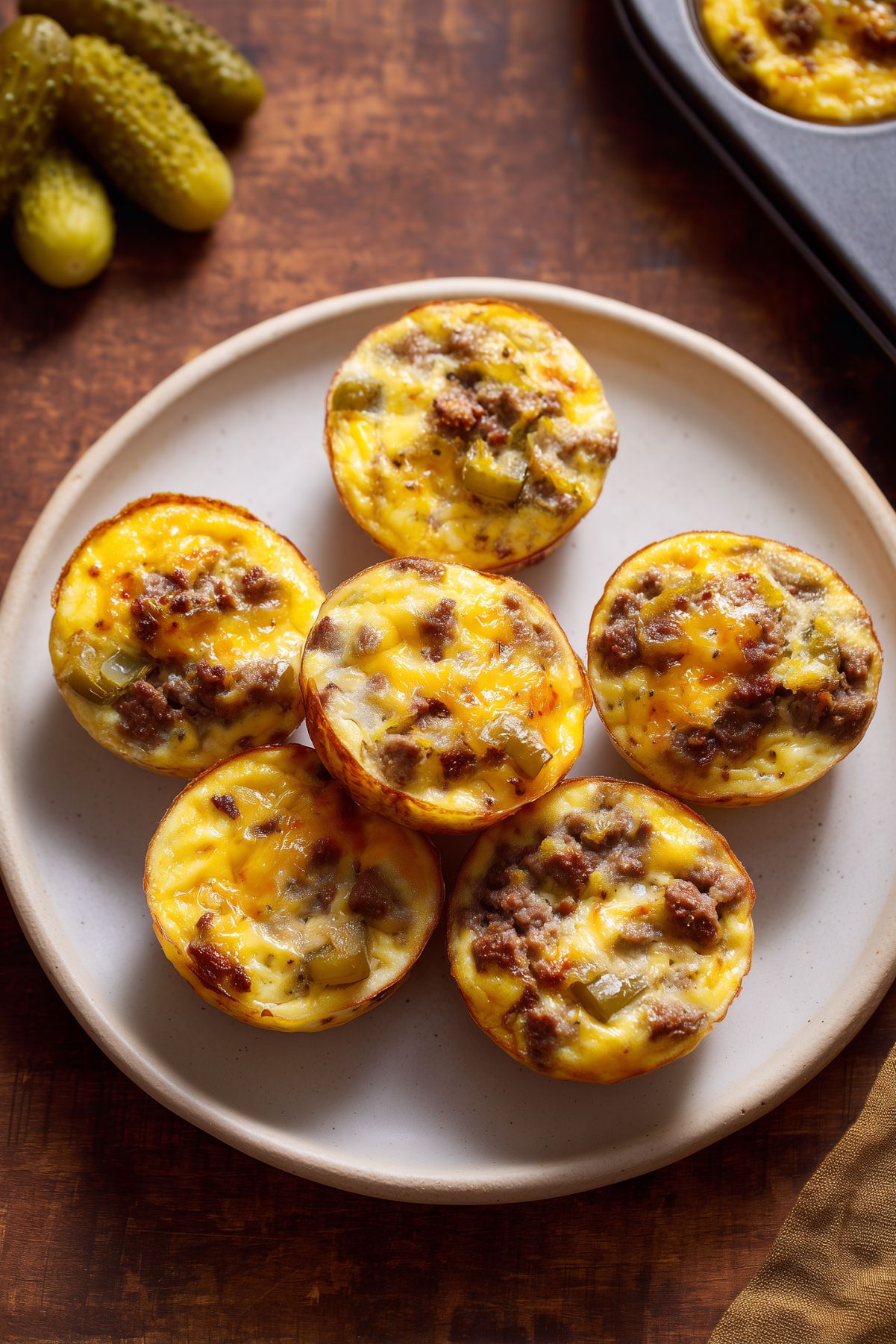Cheeseburger egg bites with browned ground beef, melted cheddar cheese, and chopped pickles arranged on a plate with whole dill pickles nearby.
