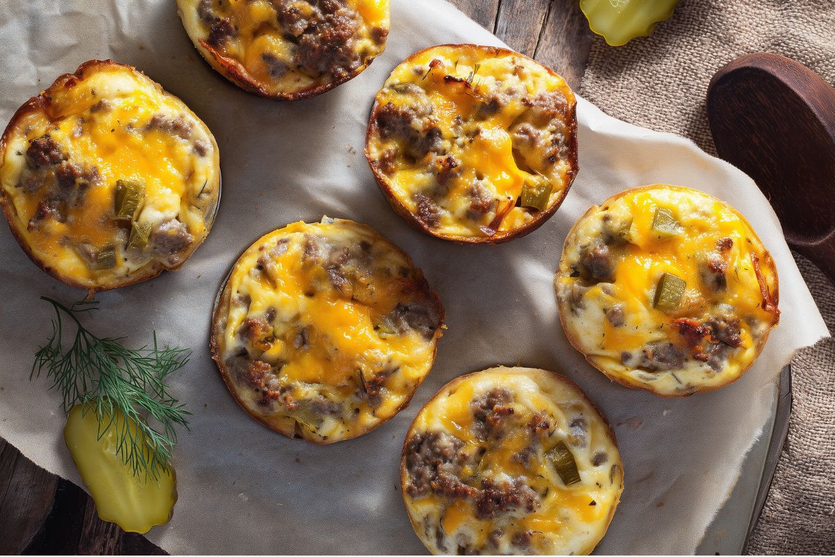 Cheeseburger egg bites with ground beef, cheddar cheese, and chopped pickles baked in muffin-size portions on parchment paper, with dill and pickle slices nearby.