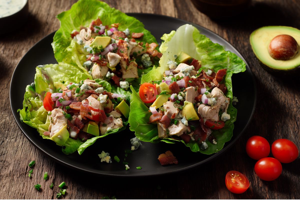 Chicken Cobb lettuce wraps filled with chopped chicken, bacon, avocado, cherry tomatoes, red onion and blue cheese, arranged on a black plate over a rustic wood table.