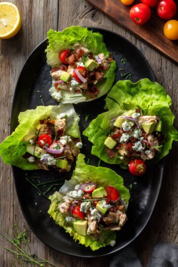 Overhead view of Chicken Cobb lettuce wraps with chicken, bacon, avocado, tomatoes, red onion and blue cheese served on a black platter over rustic wood.