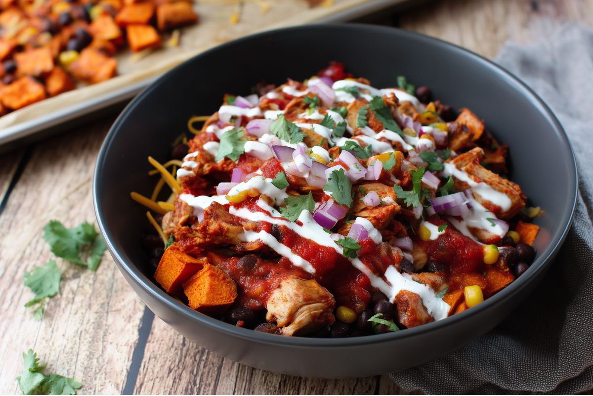 Chicken enchilada sweet potato bowl with roasted sweet potatoes, chicken, black beans, corn, red onion, cilantro, enchilada sauce, and creamy drizzle in a black bowl.
