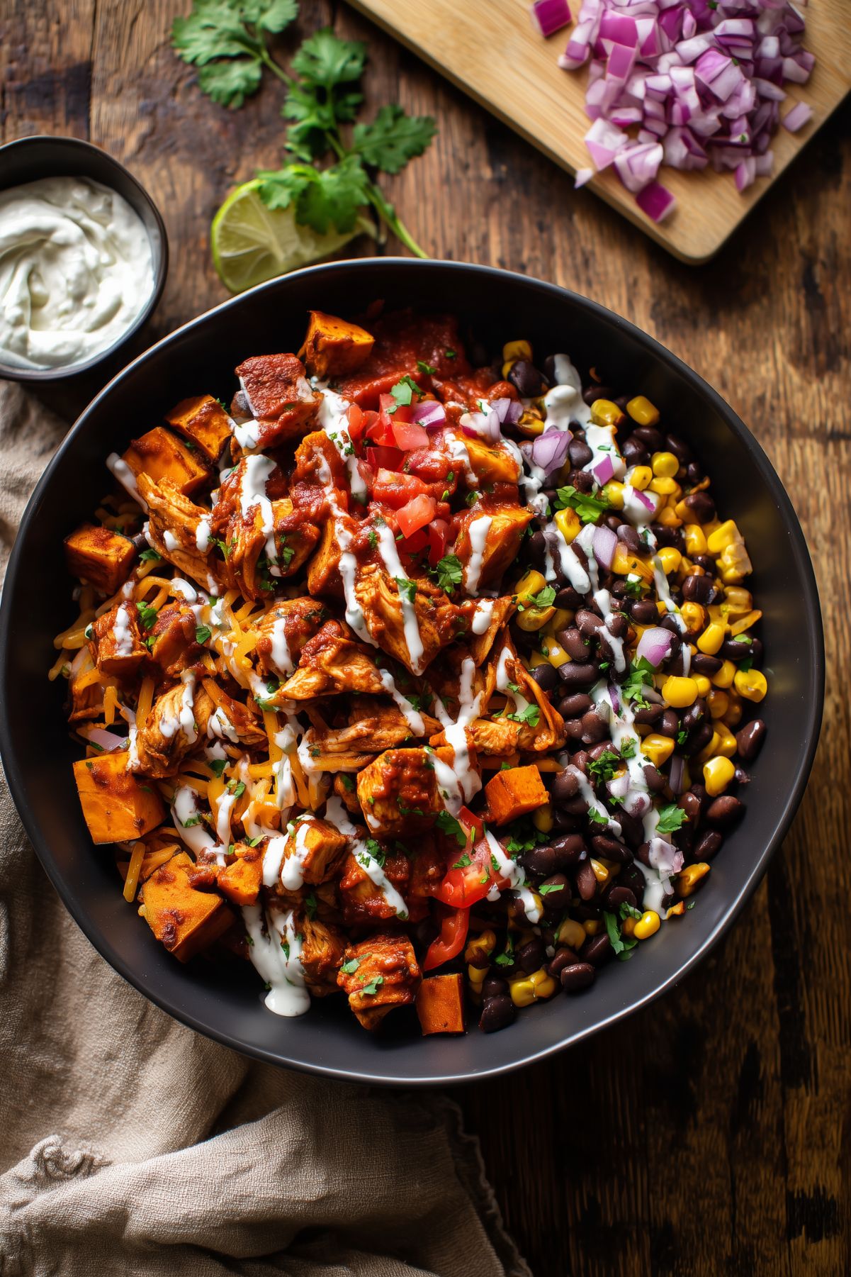 Overhead chicken enchilada sweet potato bowl with roasted sweet potatoes, chicken, black beans, corn, red onion, tomatoes, cilantro, enchilada sauce, and creamy drizzle.