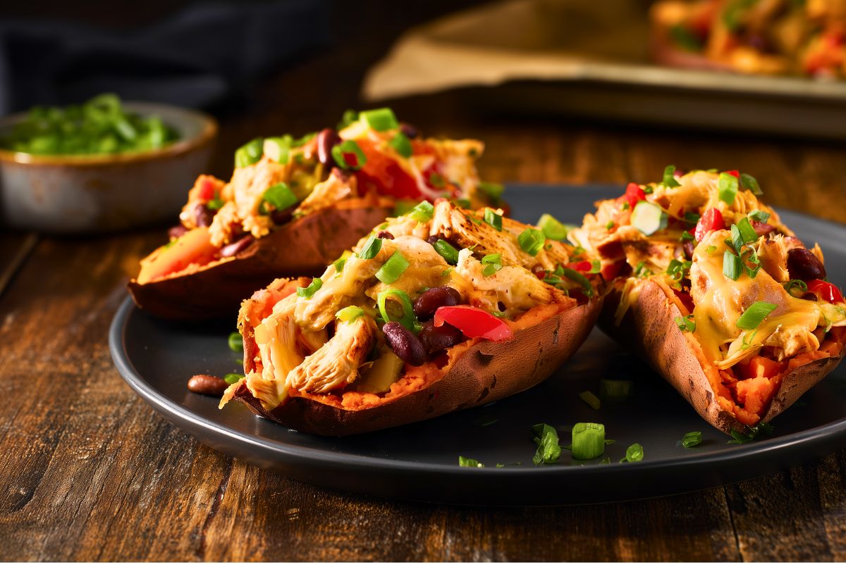 Chicken fajita stuffed sweet potatoes filled with shredded chicken, black beans, red peppers, and melted cheese, served on a dark plate over a rustic wood table.