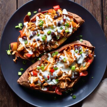 Overhead view of chicken fajita stuffed sweet potatoes filled with shredded chicken, black beans, bell peppers, and green onions, finished with a creamy white sauce on a black plate.